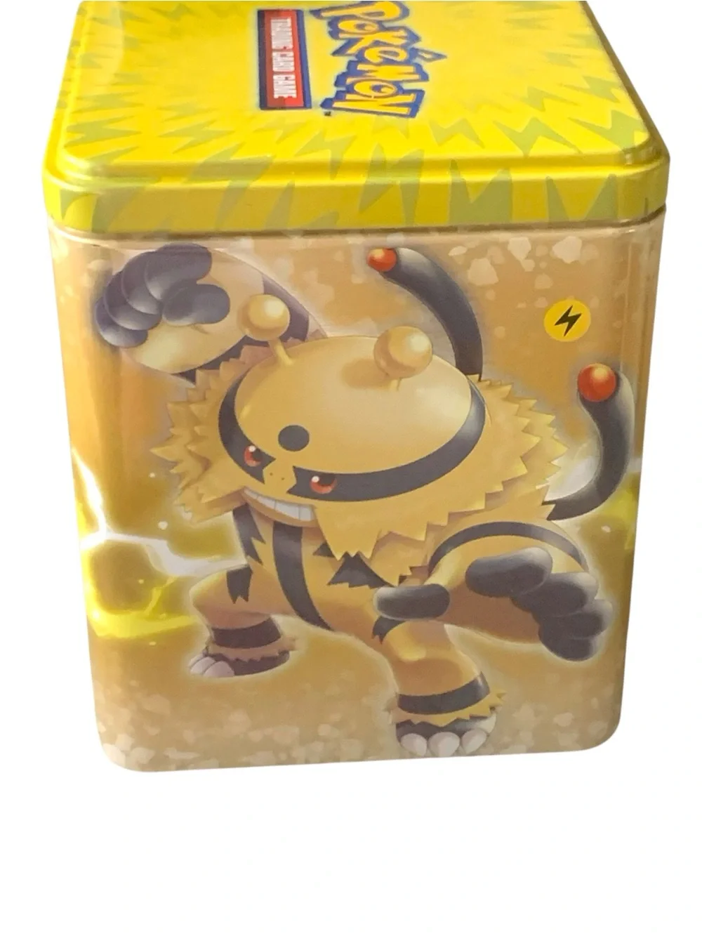 Pokémon Electivire Stacking Tin with Assorted Yellow-Edged Trading Cards & coin.